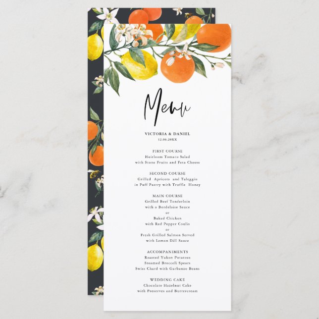 Botanical Lemons and Oranges Summer Wedding Menu (Front/Back)