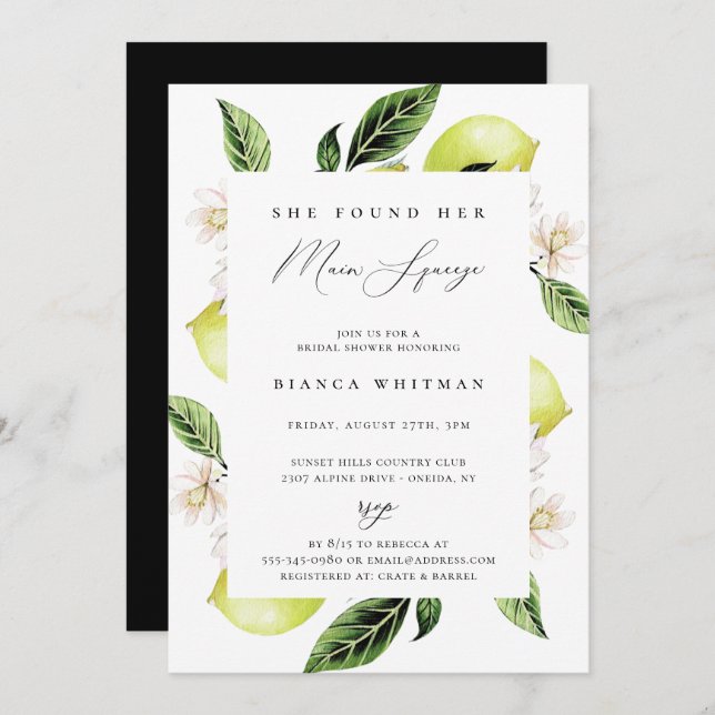 Botanical Lemons Main Squeeze Bridal Shower Invita Invitation (Front/Back)