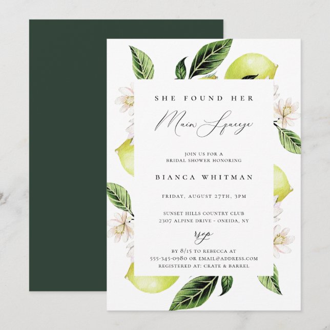 Botanical Lemons Main Squeeze Bridal Shower Invitation (Front/Back)