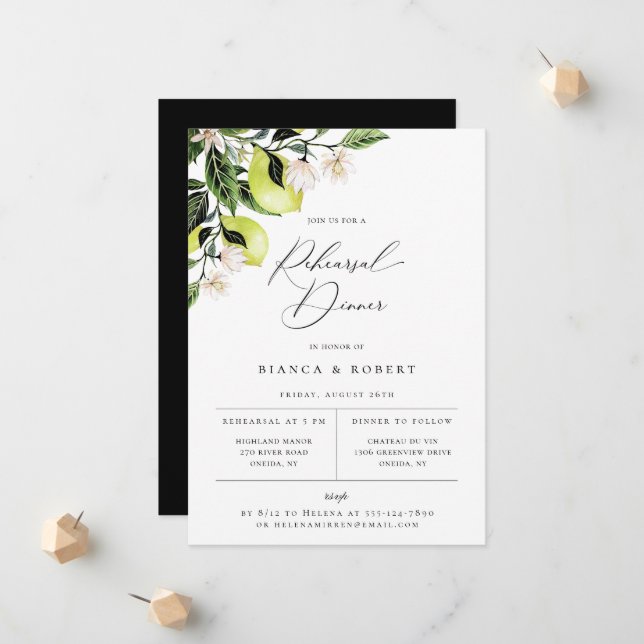 Botanical Lemons Rehearsal Dinner Invitation (Front/Back In Situ)