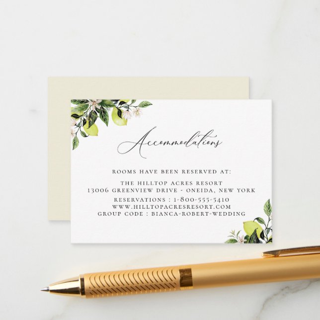 Botanical Lemons Wedding Accommodations Enclosure  Card (Front/Back In Situ)