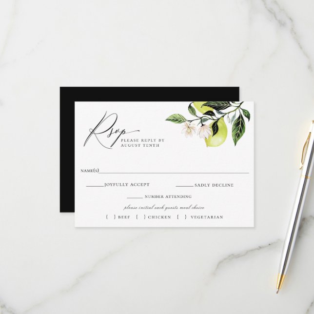 Botanical Lemons Wedding RSVP Meal Choice Card (Front/Back In Situ)