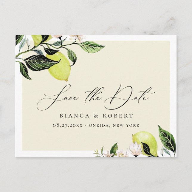 Botanical Lemons Wedding Save the Date Announcement Postcard (Front)