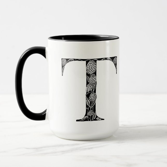 Botanical Letter T Mug, Art by Elizabeth Sampson Mug (Left)