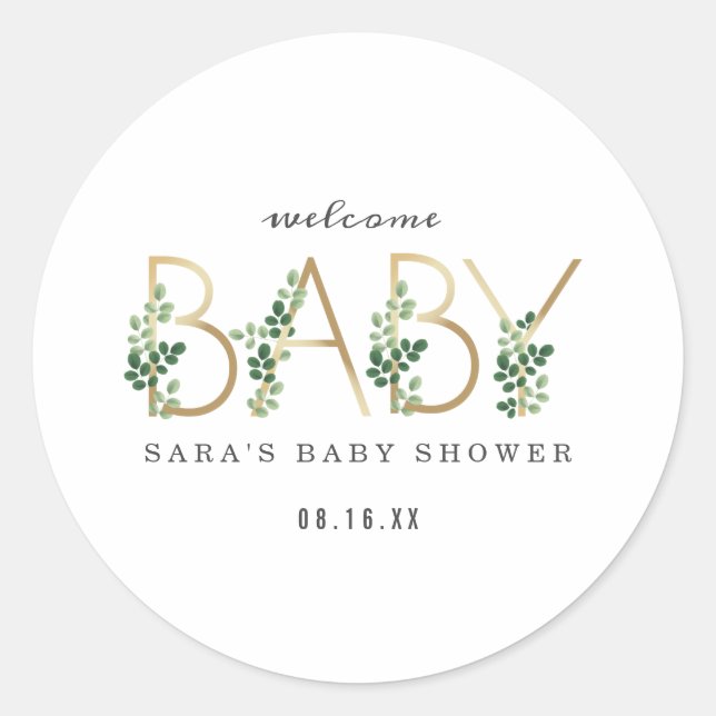 Botanical Lettering Minimalist Baby Shower Classic Round Sticker (Front)