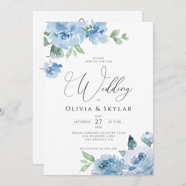 Botanical Light Baby Blue QR All In One Wedding Invitation (Front/Back)