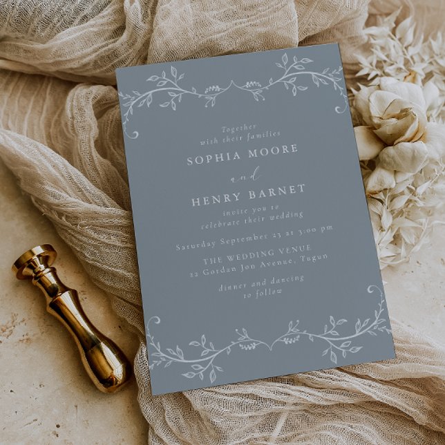 Botanical Line Art Elegant Blue Wedding Invitation (Creator Uploaded)