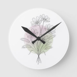 Botanical Line Art Fern Wildflower Blush Green Round Clock