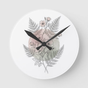Botanical Line Art Fern Wildflower Blush Green Round Clock
