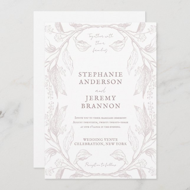 Botanical Line Art Frame Dusty Rose Invitation (Front/Back)