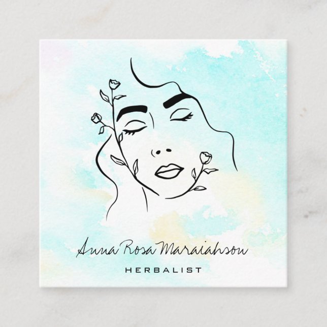 *~* Botanical Line Art Goddess QR Greenery  Square Business Card (Front)