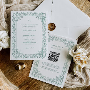 Botanical Line Art Sage Green QR Code Wedding Invitation