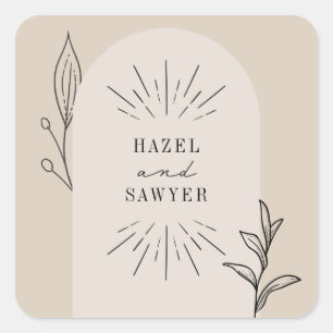 Botanical Line Art Script Tan Wedding Square Sticker