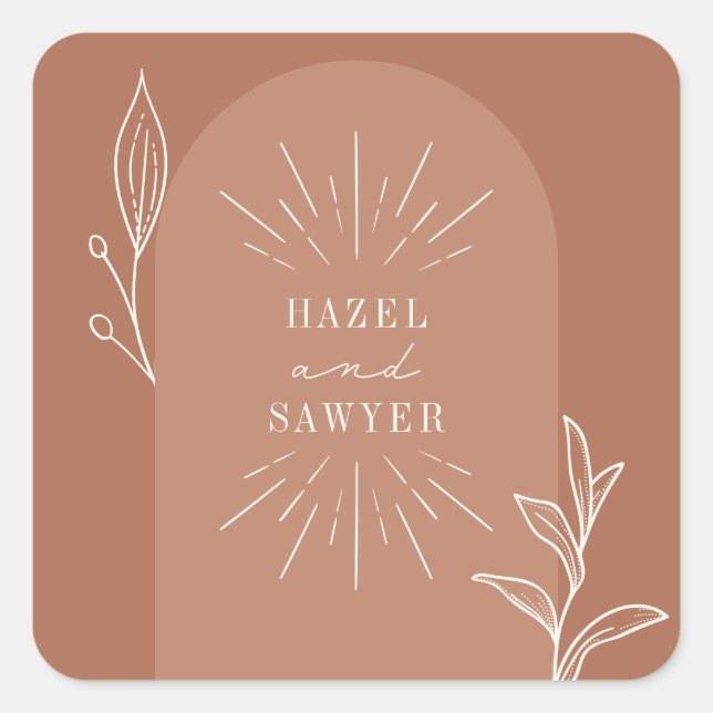 Botanical Line Art Script Terracotta Wedding Square Sticker (Front)