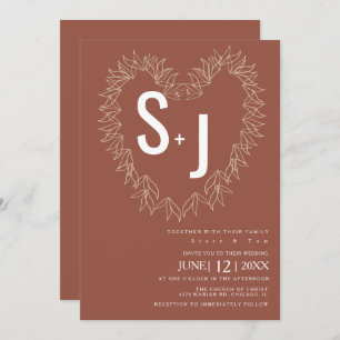 Botanical Line Art Wreath Heart Wedding Earth Tone Invitation
