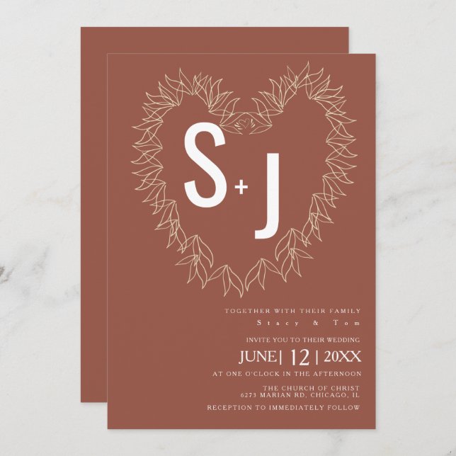 Botanical Line Art Wreath Heart Wedding Earth Tone Invitation (Front/Back)