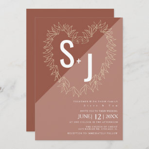 Botanical Line Art Wreath Heart Wedding Earth Tone Invitation