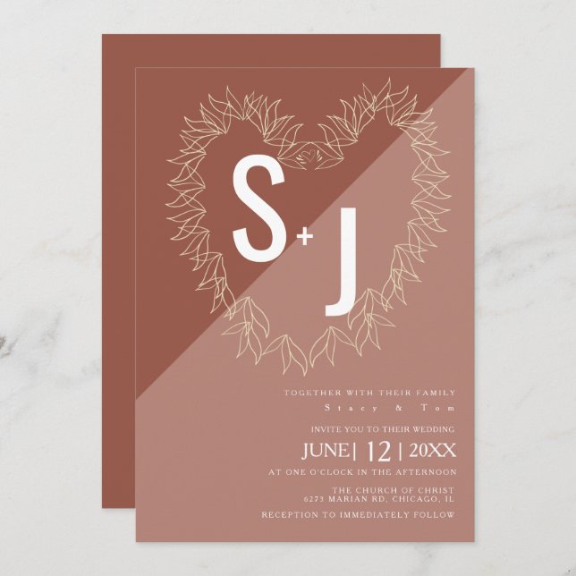 Botanical Line Art Wreath Heart Wedding Earth Tone Invitation (Front/Back)