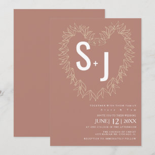 Botanical Line Art Wreath Heart Wedding Earth Tone Invitation