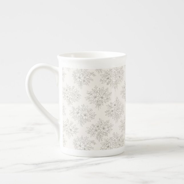 Botanical Line Bouquet Pattern Bone China Mug (Left)