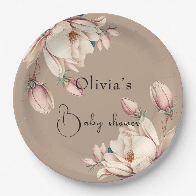 Botanical magnolia floral  paper plate (Front)