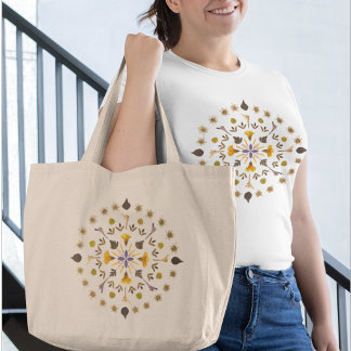 Botanical Mandala Pressed Flower Artwork Large Tote Bag