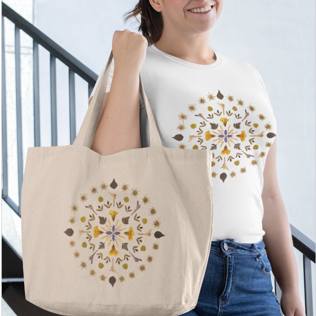 Botanical Mandala Pressed Flower Artwork Large Tote Bag (Creator Uploaded)