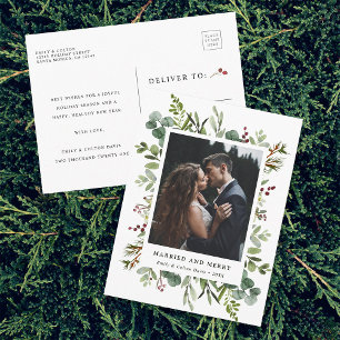 Botanical Married & Merry Newlywed Photo Holiday Postcard
