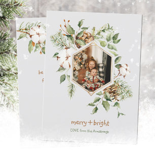 Botanical Merry Bright Cotton Watercolor Photo Holiday Card