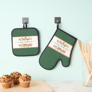 Botanical Merry Christmas Oven Mitt & Pot Holder Set