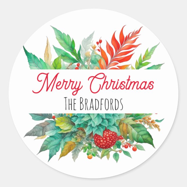 Botanical Merry Christmas Personalised Classic Round Sticker (Front)