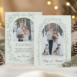 Botanical Merry & Married Newlywed 2 Photo Mint  Holiday Card