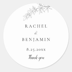 Botanical Minimalist Wedding Thank you Black White Classic Round Sticker