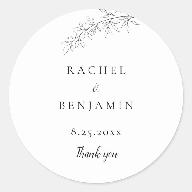 Botanical Minimalist Wedding Thank you Black White Classic Round Sticker (Front)