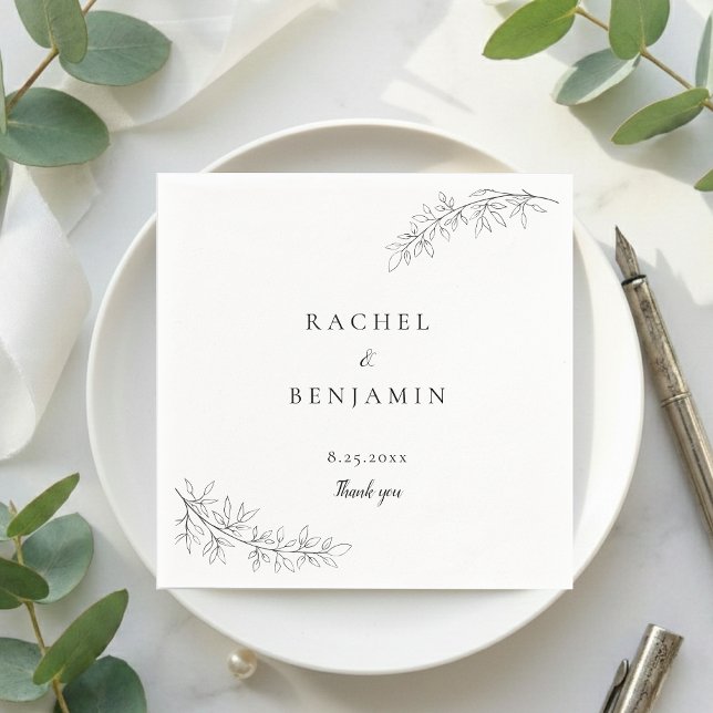 Botanical Minimalist Wedding Thank you Black White Napkin (Creator Uploaded)
