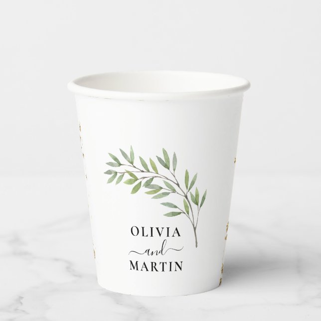 Botanical Minimalistic Script Wedding  Paper Cups (Front)