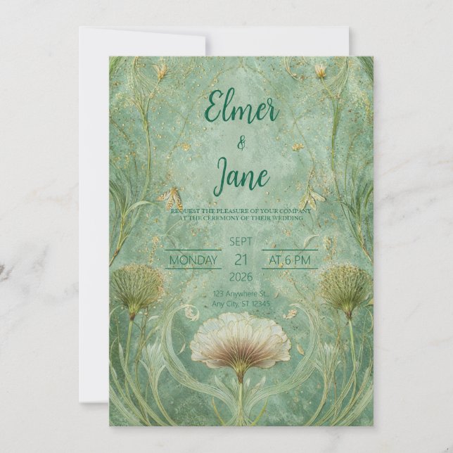 Botanical Mint & Gold Art Nouveau Wedding  Invitation (Front)