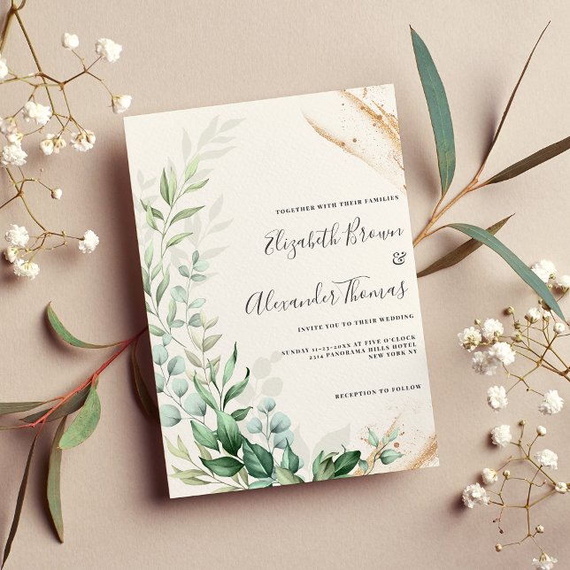 Botanical mint gold greenery leaf floral wedding invitation (Botanical mint gold greenery leaf floral wedding)