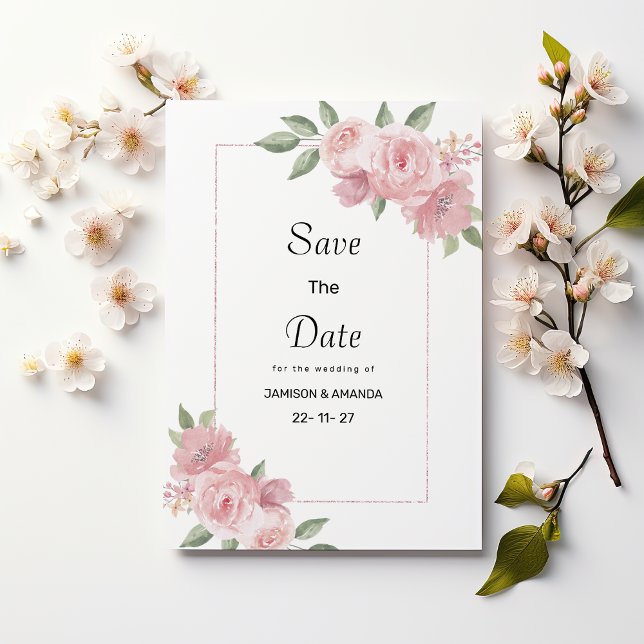 Botanical mint pastel pink floral Save The Date Invitation (Botanical mint pastel pink floral Save The Date)