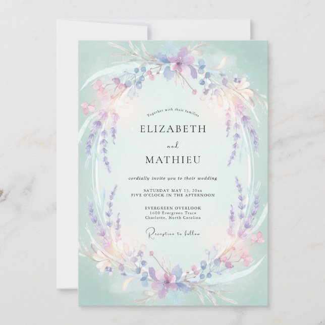 Botanical Mint Periwinkle Wisteria Wedding Invitation (Front)