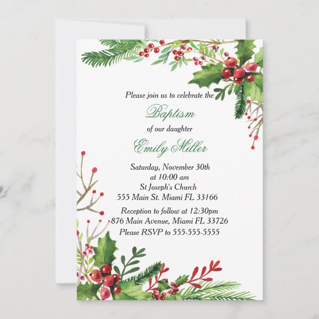 Botanical Mistletoe Girl Baptism Invitation (Front)