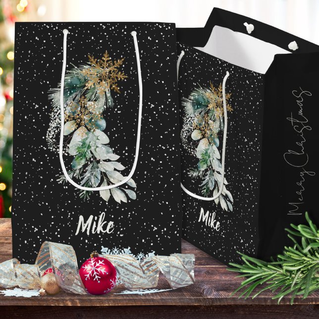 Botanical Modern Foliage Snowflake Merry Christmas Medium Gift Bag (Creator Uploaded)