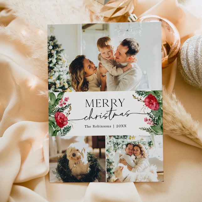Botanical Modern Script 3 Photo Merry Christmas Holiday Card (Creator Uploaded)