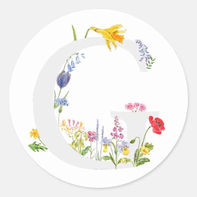 botanical monogram alphabet g wildflowers classic round sticker (Front)