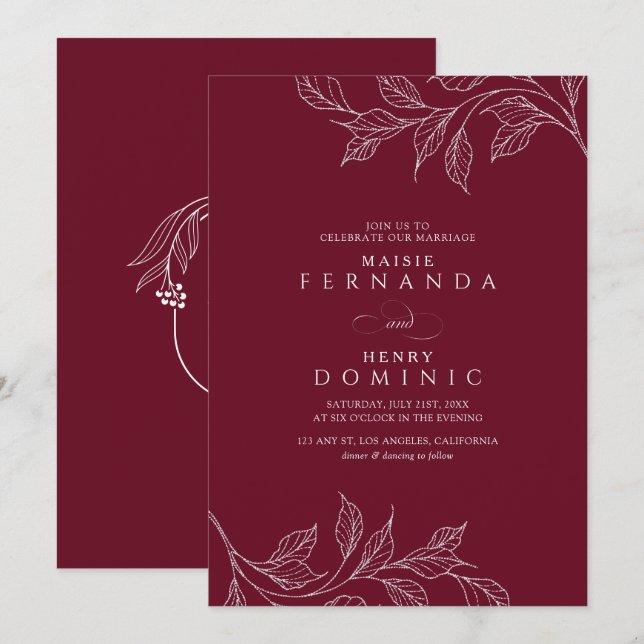 Botanical Monogram Burgundy Modern Wedding Invitation (Front/Back)