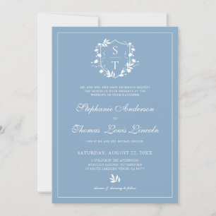 Botanical Monogram Crest Dusty Blue Wedding Invitation
