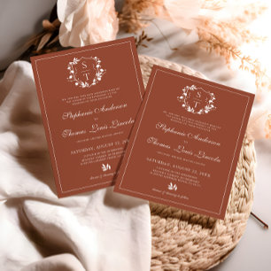 Botanical Monogram Crest Terracotta Wedding Invitation