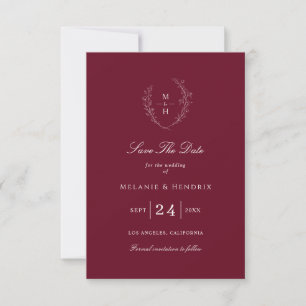 Botanical Monogram Elegant Burgundy Wedding Save The Date