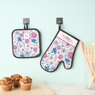 botanical monogram home chef kitchen protection oven mitt & pot holder set
