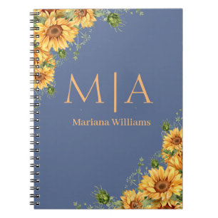 botanical monogram sunflowers orange blue nova notebook